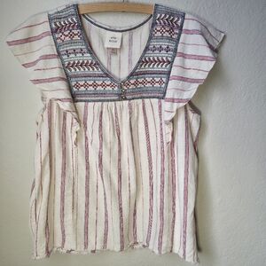 Knox Rose Deep Linen Embroidered XL White Stiped Bohemian V-Neck Top Blouse